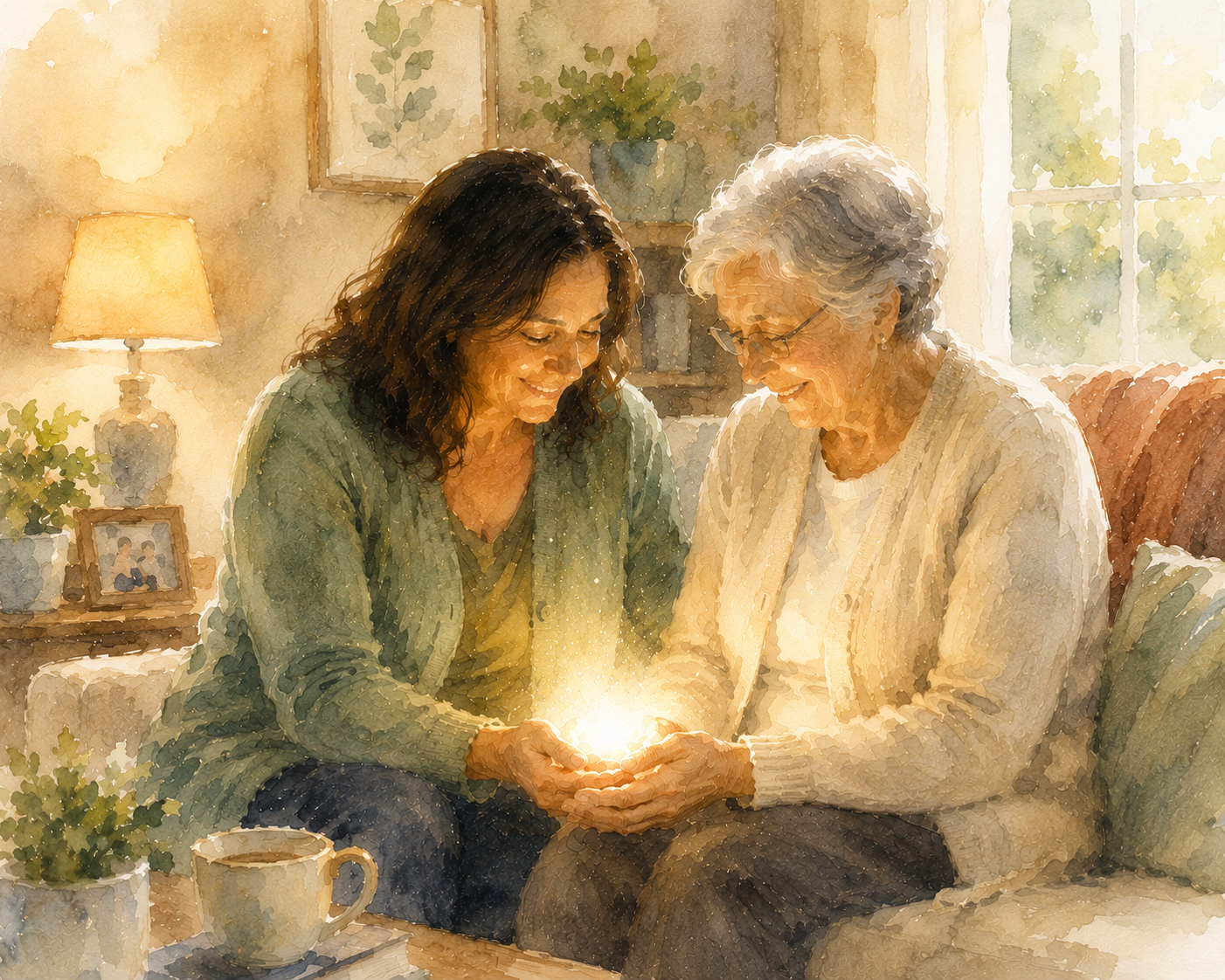 A caregiver sharing a warm moment with an elderly woman at home